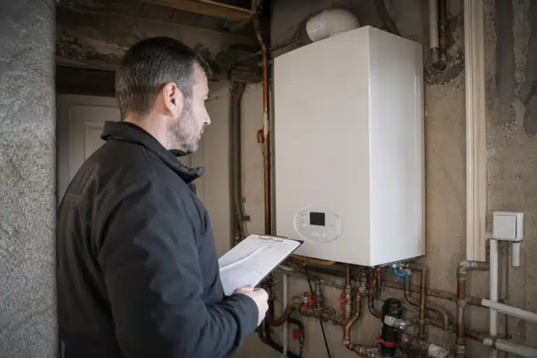 Technicien inspectant une chaudière murale compacte
