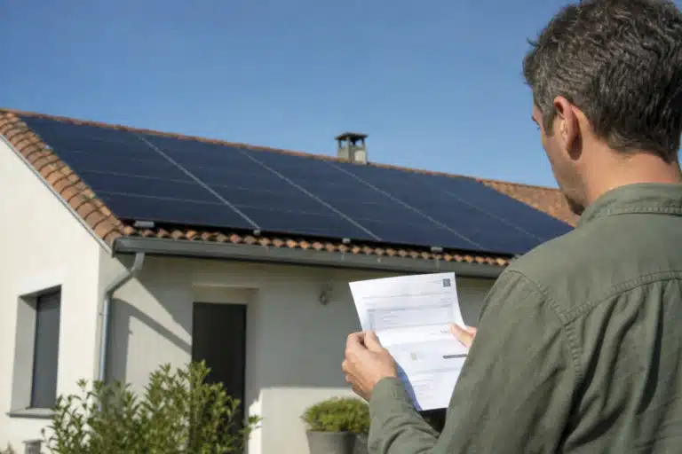 Technicien vérifiant des documents devant panneaux solaires